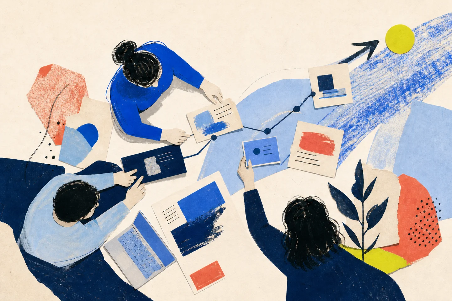 Editorial collage of an agency team coordinating campaign delivery
