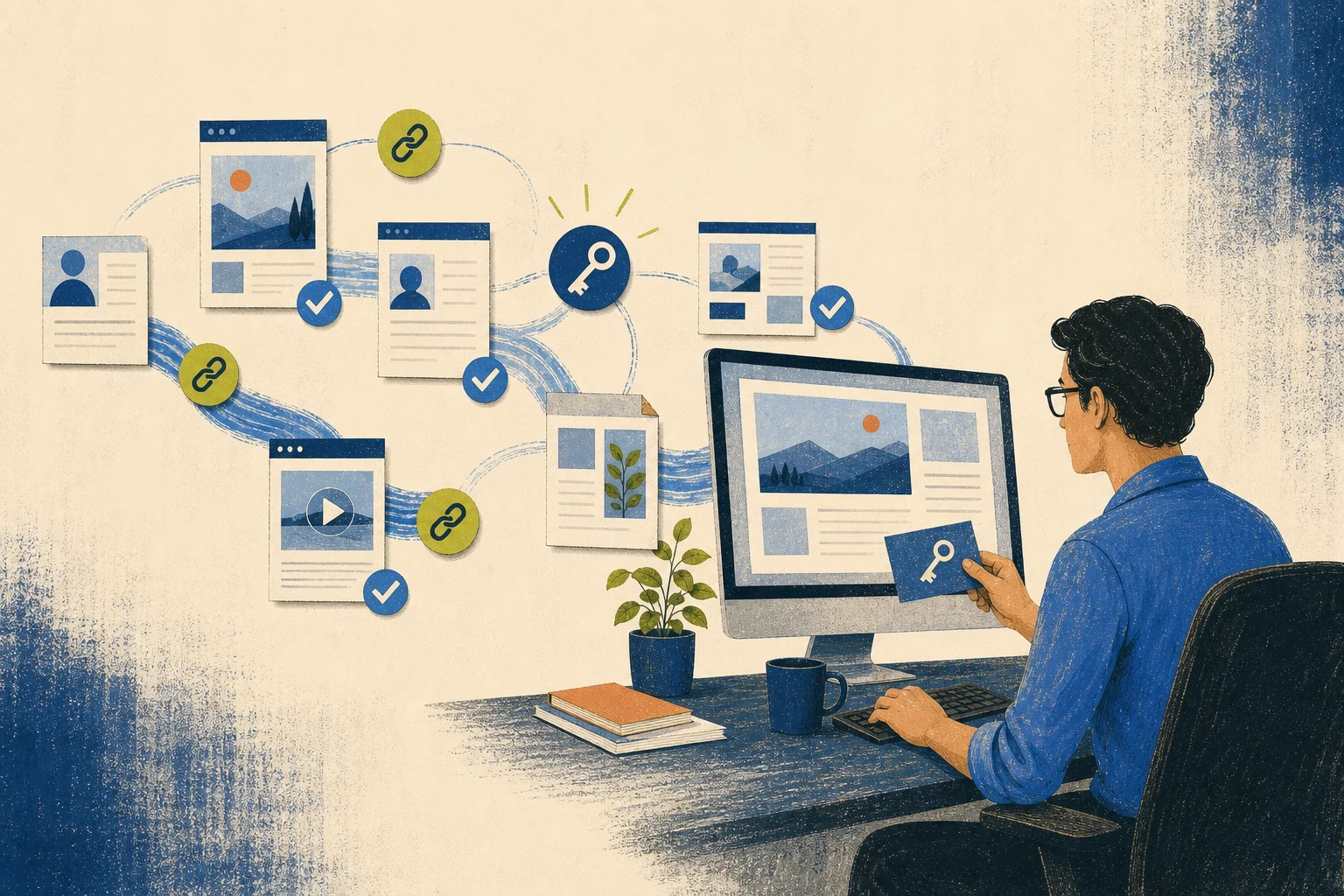 An editorial illustration of an agency professional organizing a buyer-owned network of branded publishing properties.