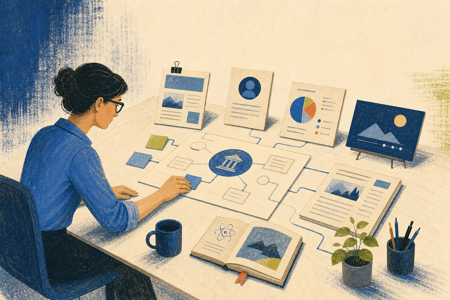 An editorial illustration of an agency strategist arranging a diversified foundation-link campaign.