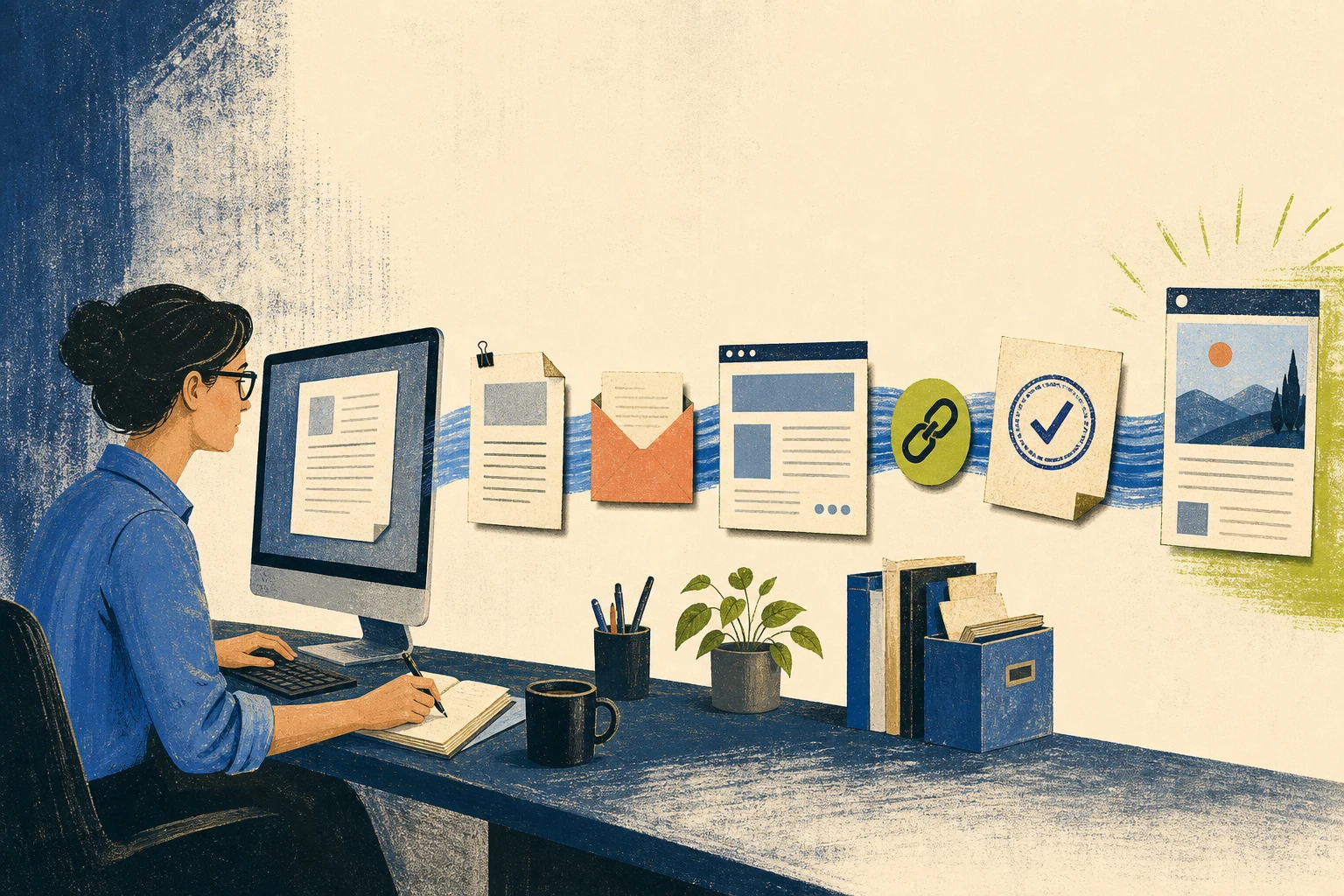 An editorial illustration showing a guest post moving from drafting through publisher outreach and approval to a live webpage.