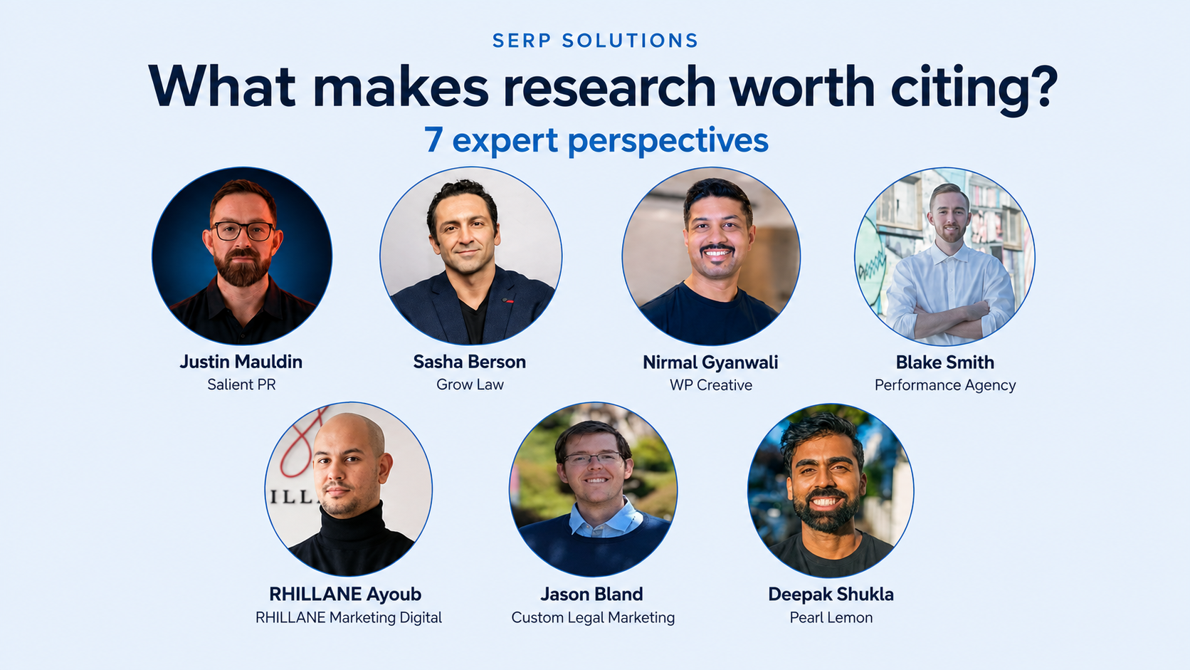 Seven research contributors: Justin Mauldin, Sasha Berson, Nirmal Gyanwali, Blake Smith, RHILLANE Ayoub, Jason Bland and Deepak Shukla, with their company credits in a Serp Solutions banner