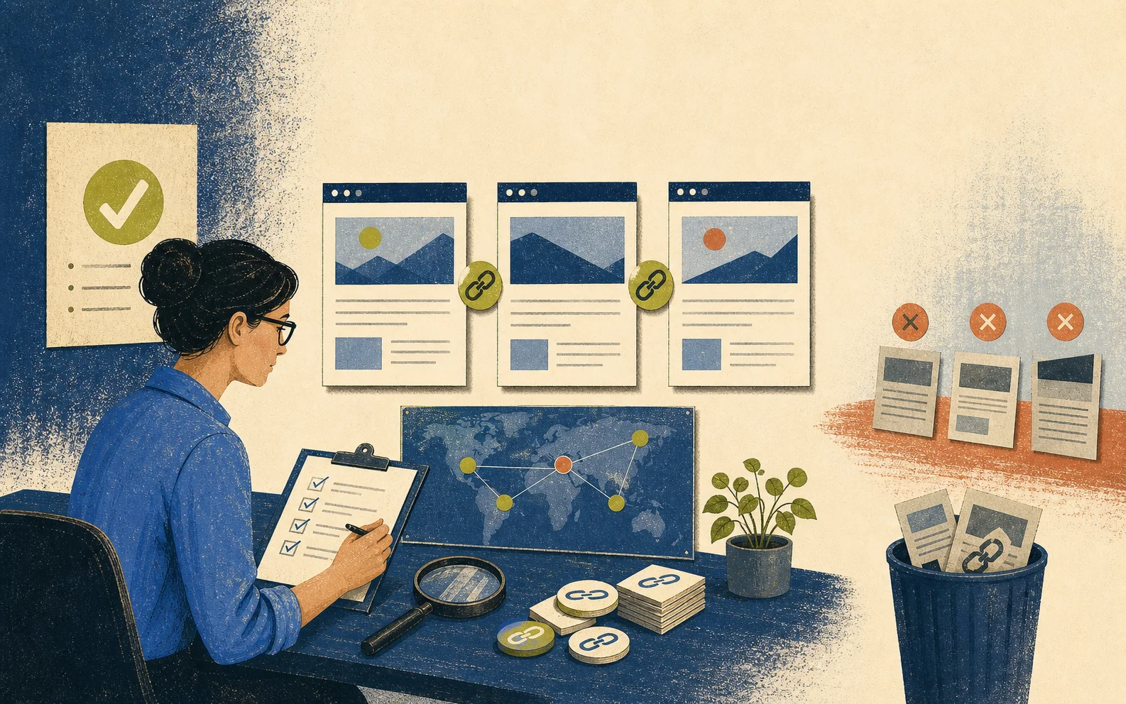 An SEO specialist reviewing quality link opportunities against a checklist