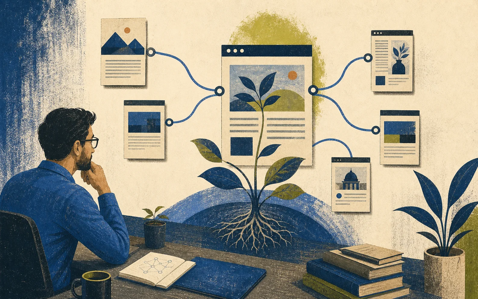 An SEO operator reviewing an interconnected ecosystem of editorial pages growing from strong roots