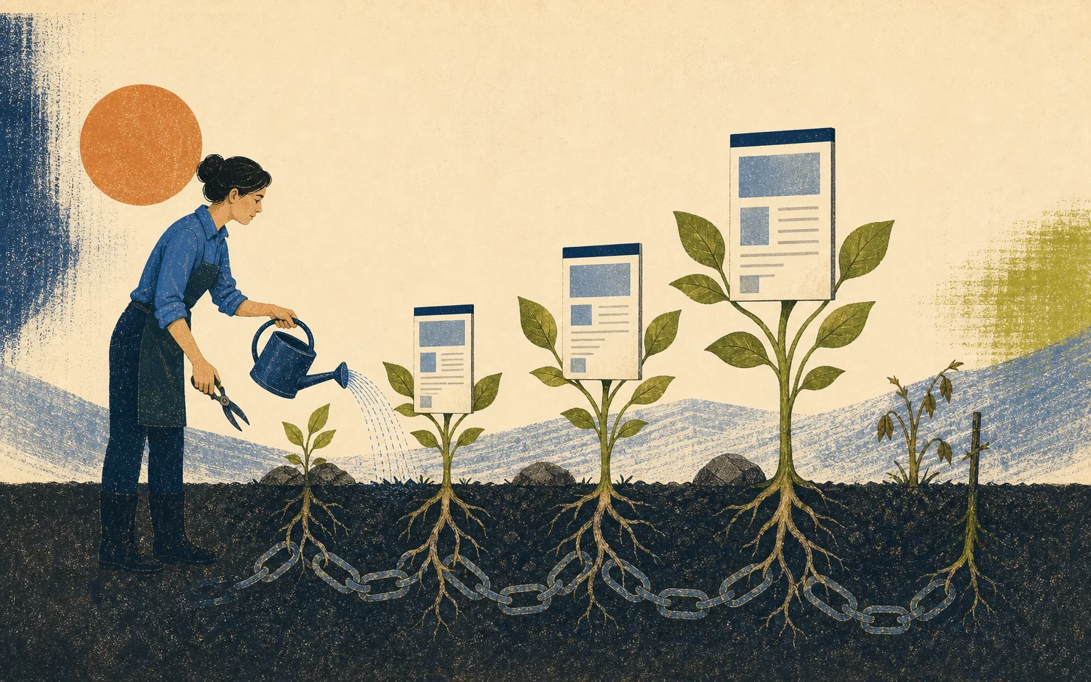 An SEO specialist nurturing evergreen content with strong linked roots over time